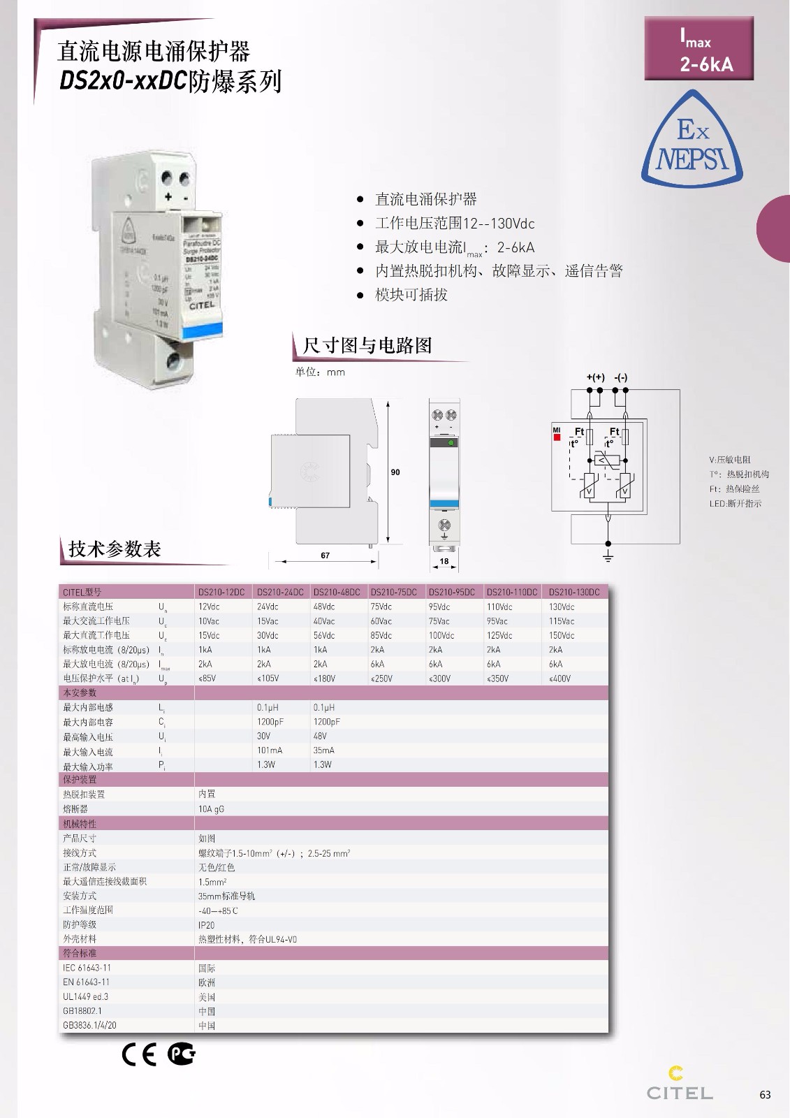 直流防雷器DS50PV-1000-30系列技術參數(shù)、規(guī)格尺寸
